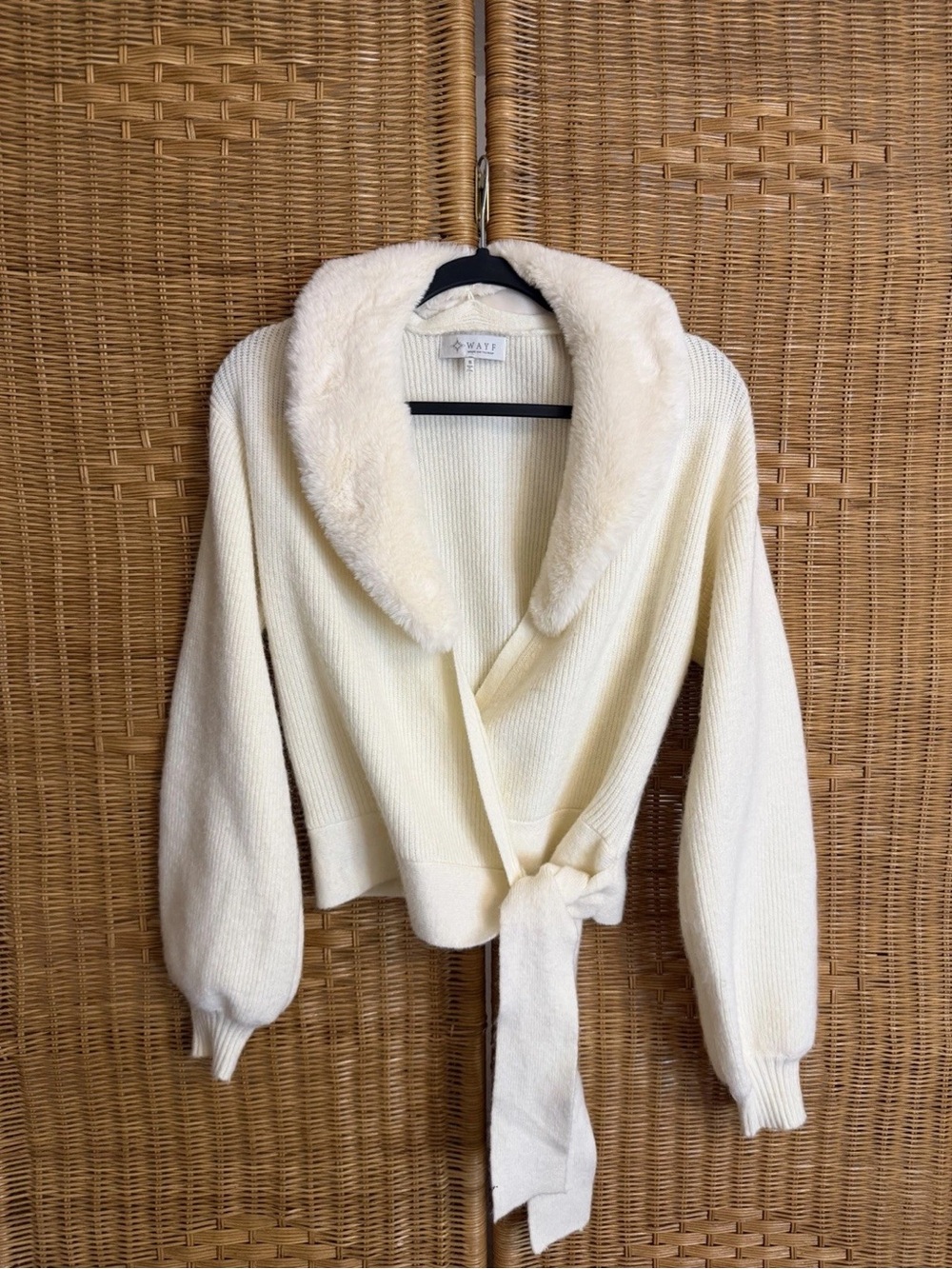 Wayf Ivory Faux-Fur Collar Wrap Cardigan